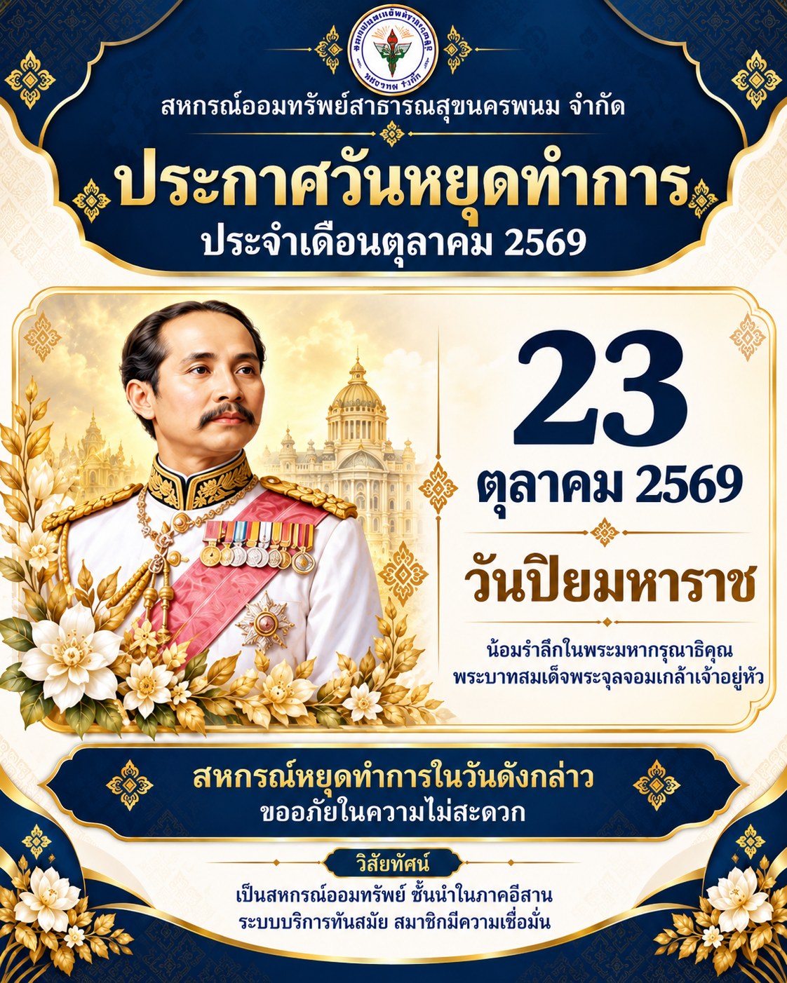 ประกาศวันหยุด วันปิยมหาราช 23 ตุลาคม 2569